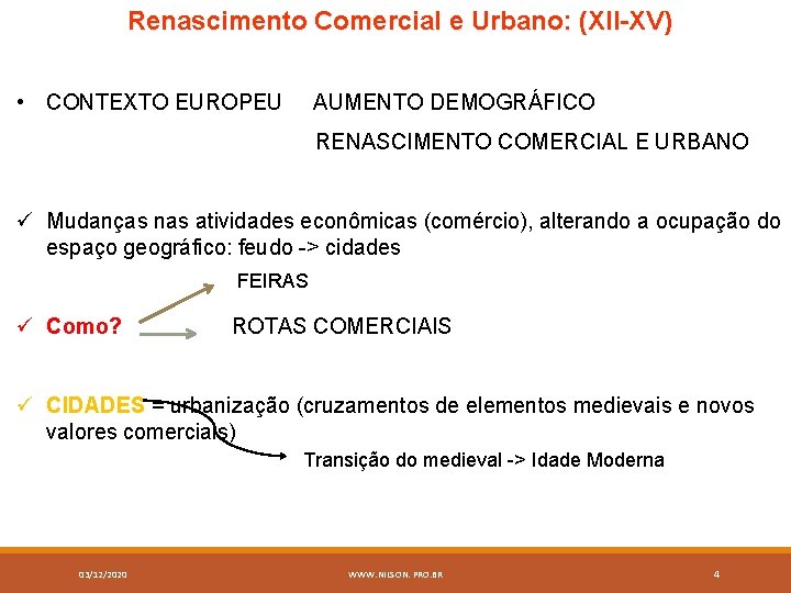 Renascimento Comercial e Urbano: (XII-XV) • CONTEXTO EUROPEU AUMENTO DEMOGRÁFICO RENASCIMENTO COMERCIAL E URBANO