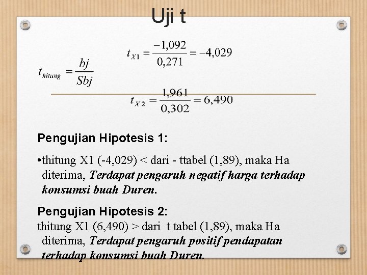 Uji t Pengujian Hipotesis 1: • thitung X 1 (-4, 029) < dari -