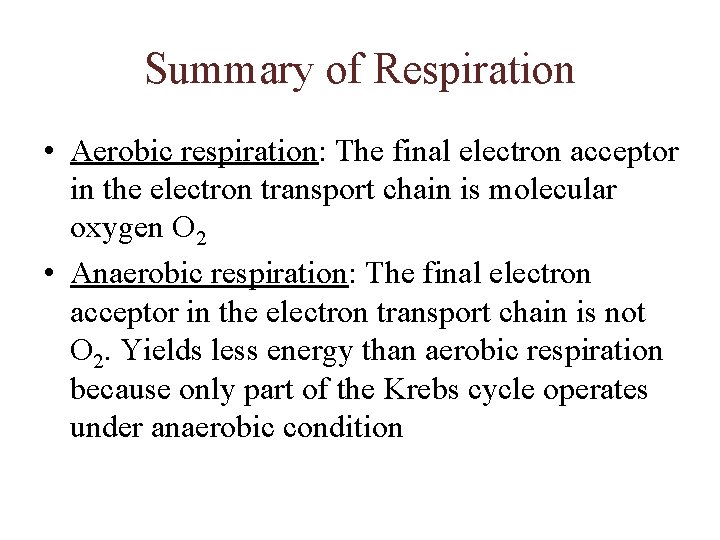 Summary of Respiration • Aerobic respiration: The final electron acceptor in the electron transport