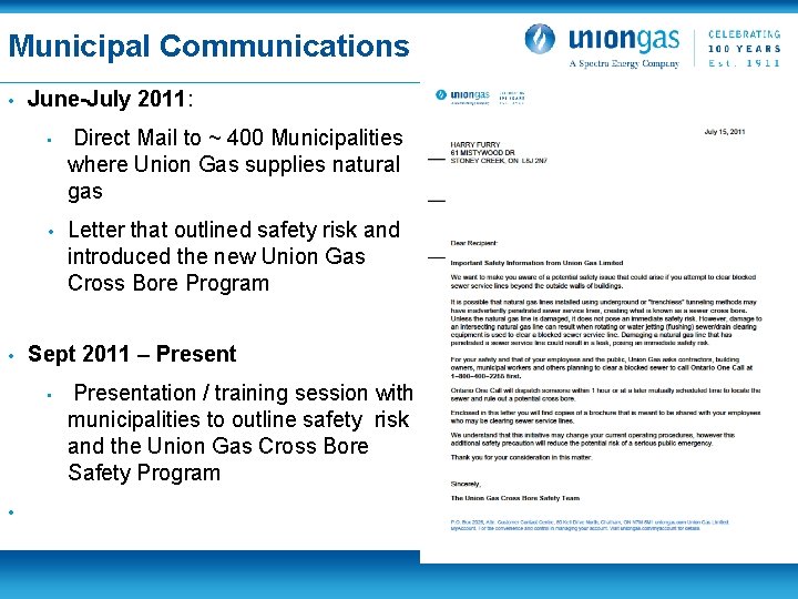 Municipal Communications • • June-July 2011: • Direct Mail to ~ 400 Municipalities where