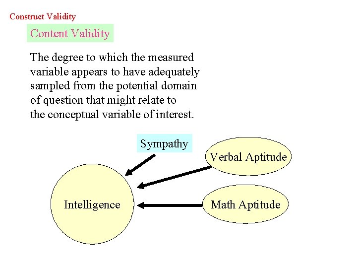 Construct Validity Content Validity The degree to which the measured variable appears to have