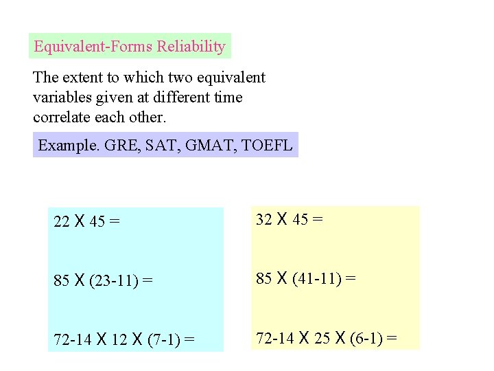 Equivalent-Forms Reliability The extent to which two equivalent variables given at different time correlate