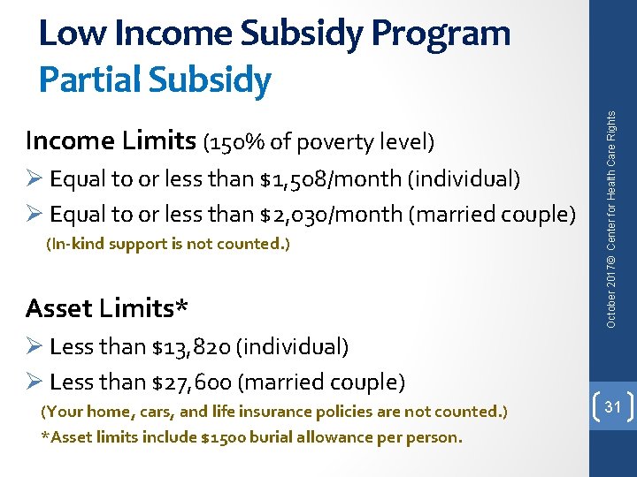 Income Limits (150% of poverty level) Ø Equal to or less than $1, 508/month