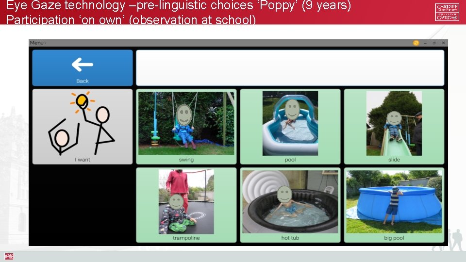 Eye Gaze technology –pre-linguistic choices ‘Poppy’ (9 years) Participation ‘on own’ (observation at school)