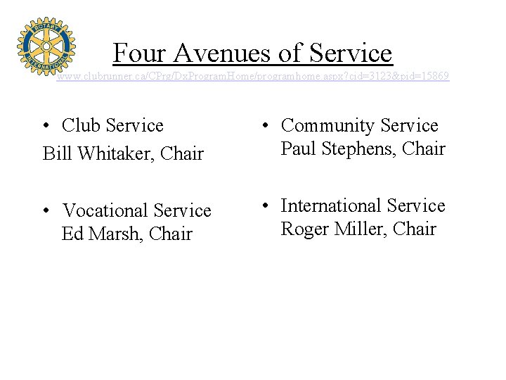 Four Avenues of Service www. clubrunner. ca/CPrg/Dx. Program. Home/programhome. aspx? cid=3123&pid=15869 • Club Service