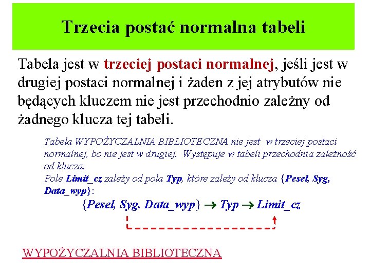 Trzecia postać normalna tabeli Tabela jest w trzeciej postaci normalnej, jeśli jest w drugiej