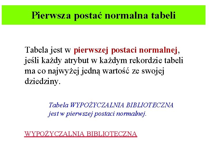 Pierwsza postać normalna tabeli Tabela jest w pierwszej postaci normalnej, jeśli każdy atrybut w