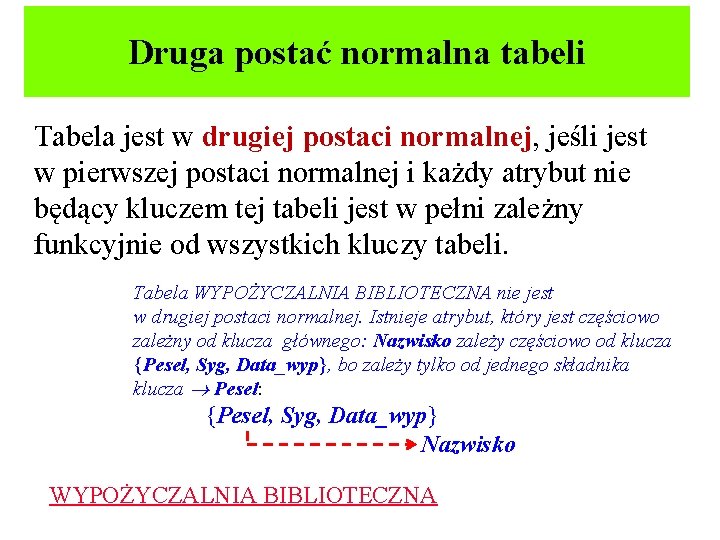 Druga postać normalna tabeli Tabela jest w drugiej postaci normalnej, jeśli jest w pierwszej