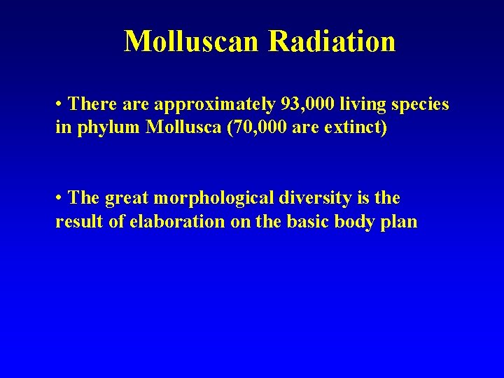 Molluscan Radiation • There approximately 93, 000 living species in phylum Mollusca (70, 000