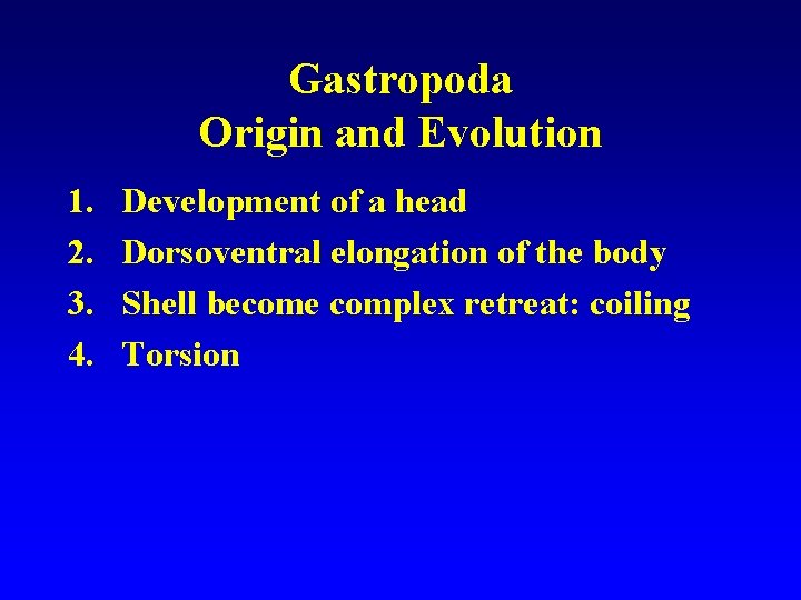 Gastropoda Origin and Evolution 1. 2. 3. 4. Development of a head Dorsoventral elongation