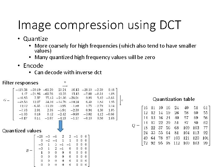 Image compression using DCT • Quantize • More coarsely for high frequencies (which also Image compression using DCT • Quantize • More coarsely for high frequencies (which also