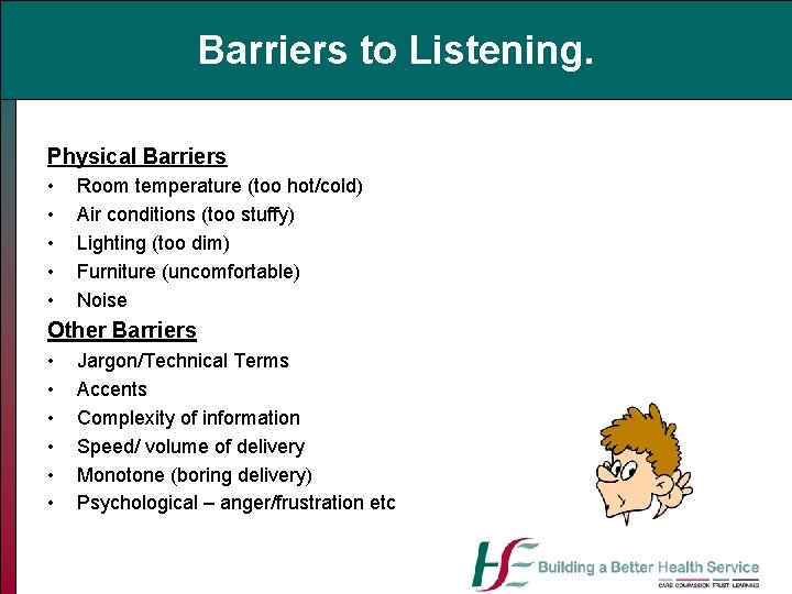 Barriers to Listening. Physical Barriers • • • Room temperature (too hot/cold) Air conditions