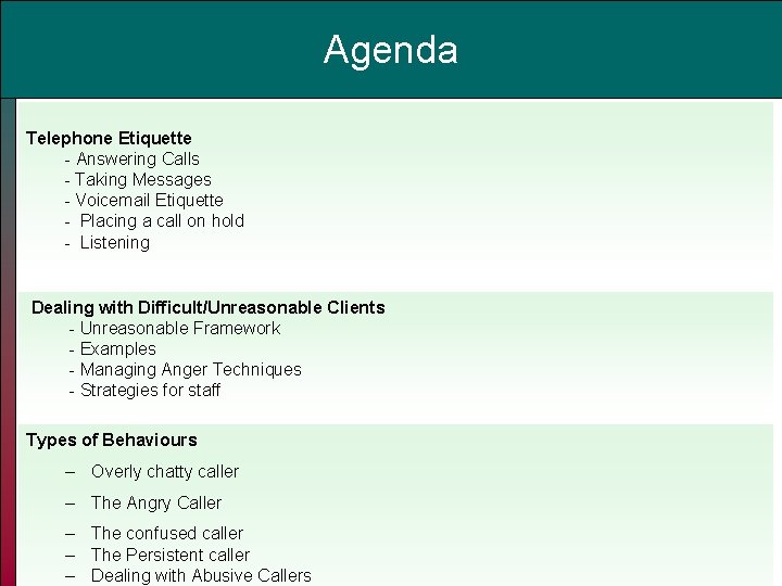 Agenda Telephone Etiquette - Answering Calls - Taking Messages - Voicemail Etiquette - Placing