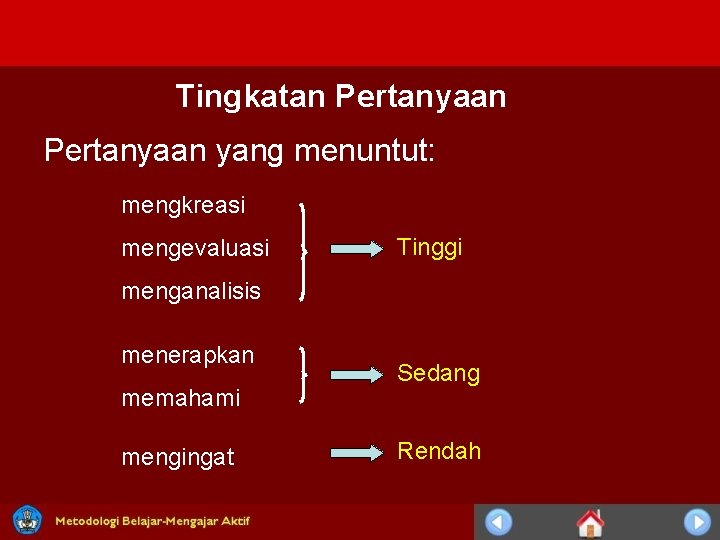 Tingkatan Pertanyaan yang menuntut: mengkreasi mengevaluasi Tinggi menganalisis menerapkan memahami mengingat Sedang Rendah Tingkatan Pertanyaan yang menuntut: mengkreasi mengevaluasi Tinggi menganalisis menerapkan memahami mengingat Sedang Rendah