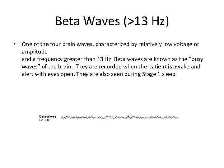 Beta Waves (>13 Hz) • One of the four brain waves, characterized by relatively
