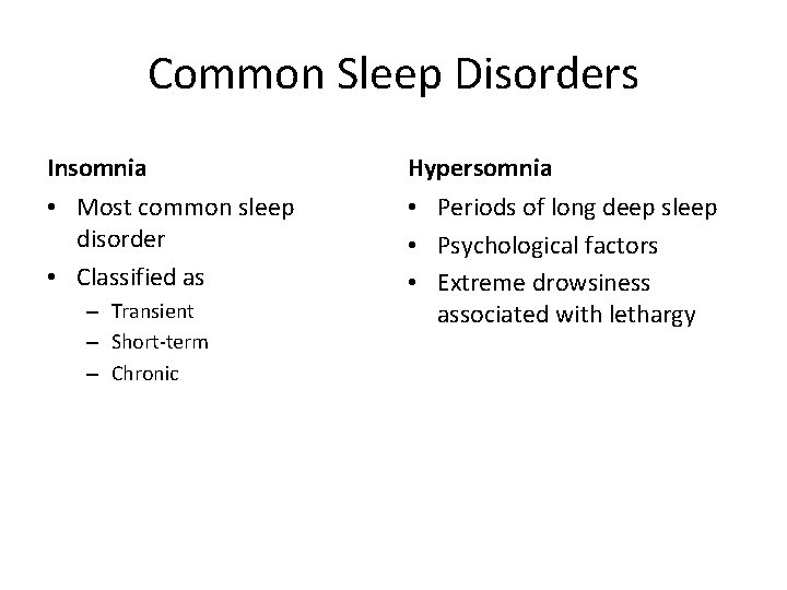 Common Sleep Disorders Insomnia Hypersomnia • Most common sleep disorder • Classified as •