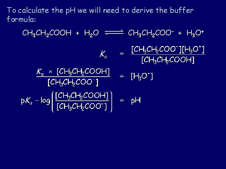 To calculate the p. H we will need to derive the buffer formula: CH