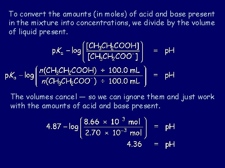 To convert the amounts (in moles) of acid and base present in the mixture