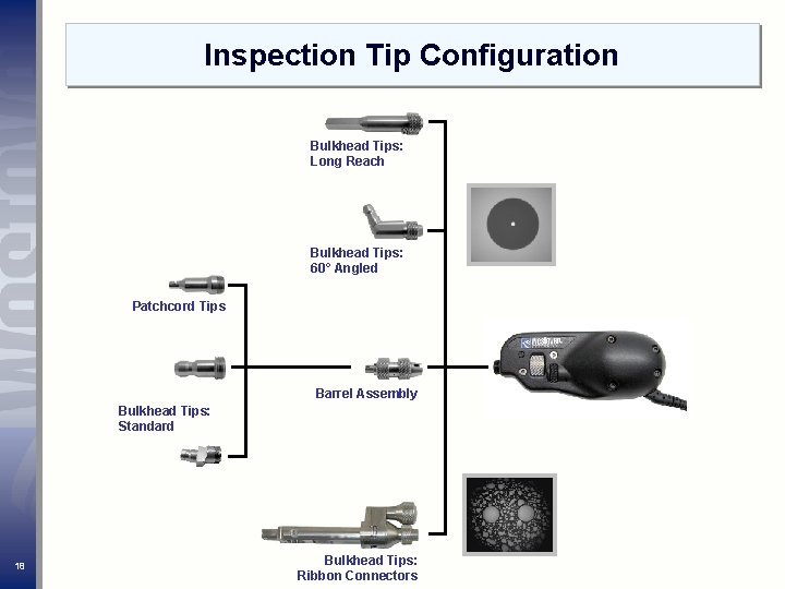 Inspection Tip Configuration Bulkhead Tips: Long Reach Bulkhead Tips: 60° Angled Patchcord Tips Barrel