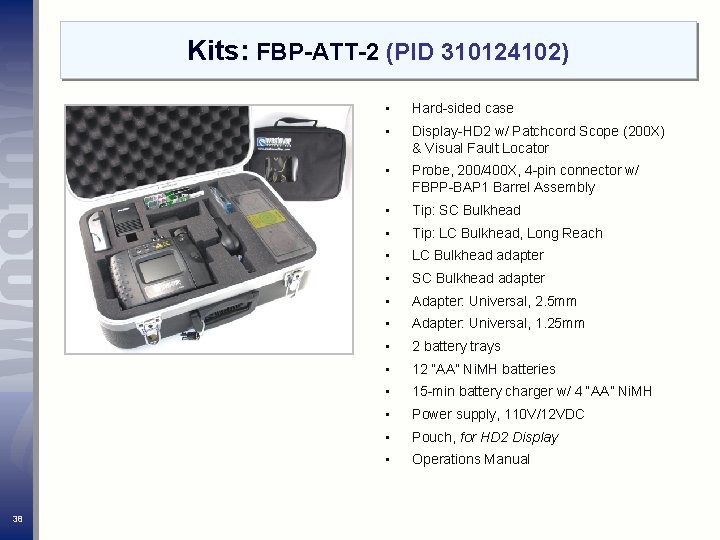 Kits: FBP-ATT-2 (PID 310124102) 38 • Hard-sided case • Display-HD 2 w/ Patchcord Scope