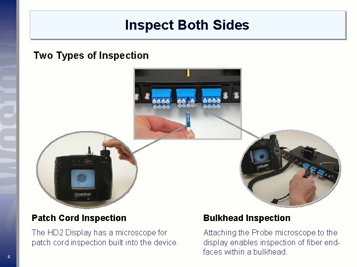 Inspect Both Sides Two Types of Inspection 6 Patch Cord Inspection Bulkhead Inspection The