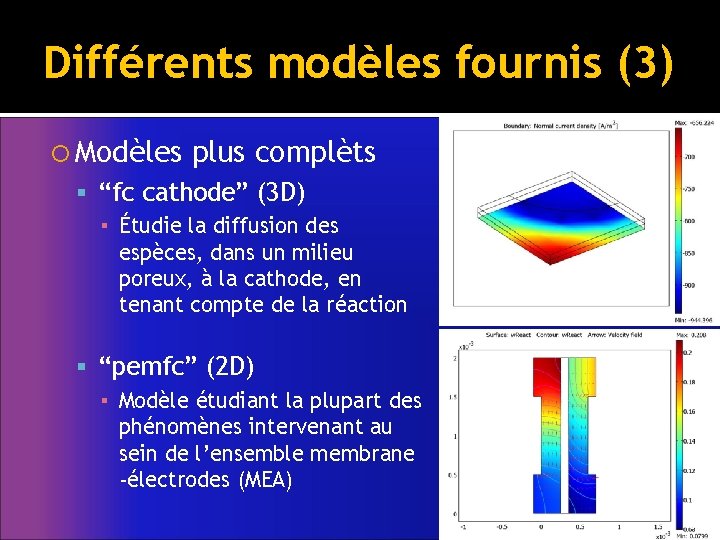 Différents modèles fournis (3) Modèles plus complèts “fc cathode” (3 D) ▪ Étudie la