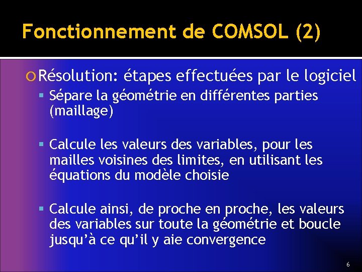 Fonctionnement de COMSOL (2) Résolution: étapes effectuées par le logiciel Sépare la géométrie en