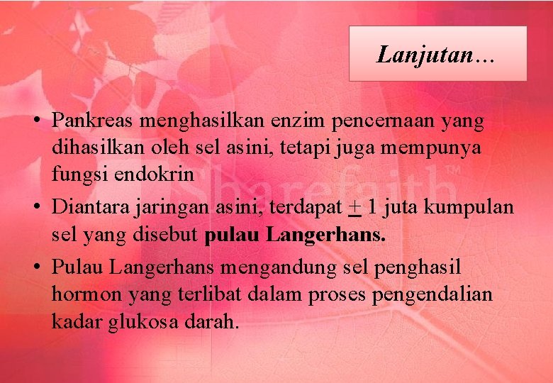 Lanjutan… • Pankreas menghasilkan enzim pencernaan yang dihasilkan oleh sel asini, tetapi juga mempunya