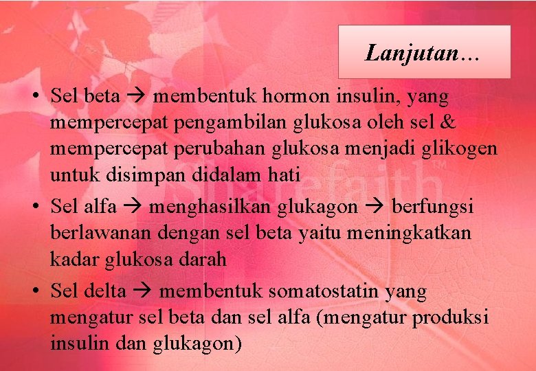 Lanjutan… • Sel beta membentuk hormon insulin, yang mempercepat pengambilan glukosa oleh sel &