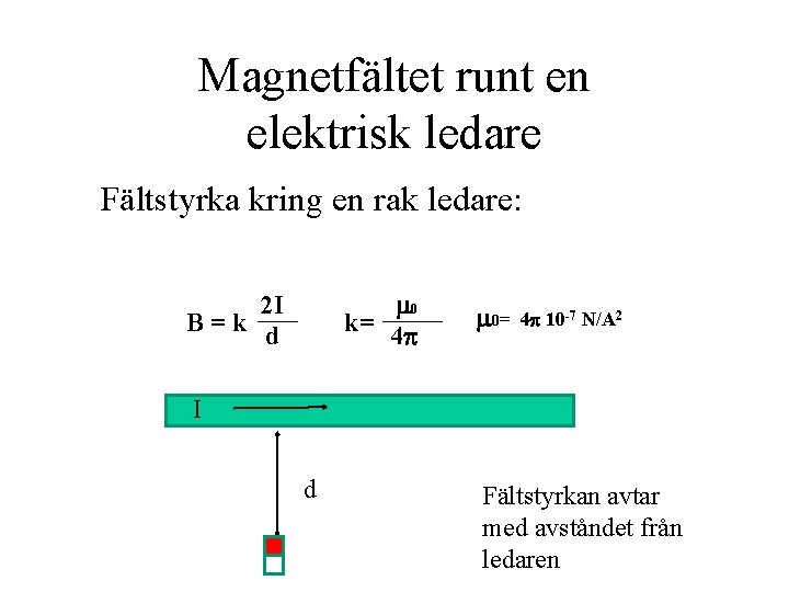 Magnetfältet runt en elektrisk ledare Fältstyrka kring en rak ledare: m 0 k= 4