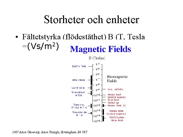 Storheter och enheter • Fältetstyrka (flödestäthet) B (T, Tesla =(Vs/m 2) 2007 Aston University,