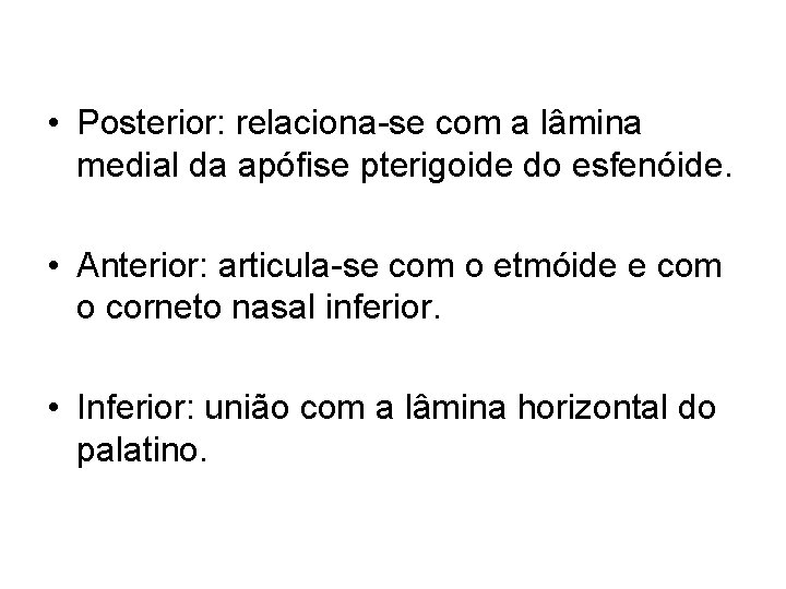  • Posterior: relaciona-se com a lâmina medial da apófise pterigoide do esfenóide. •