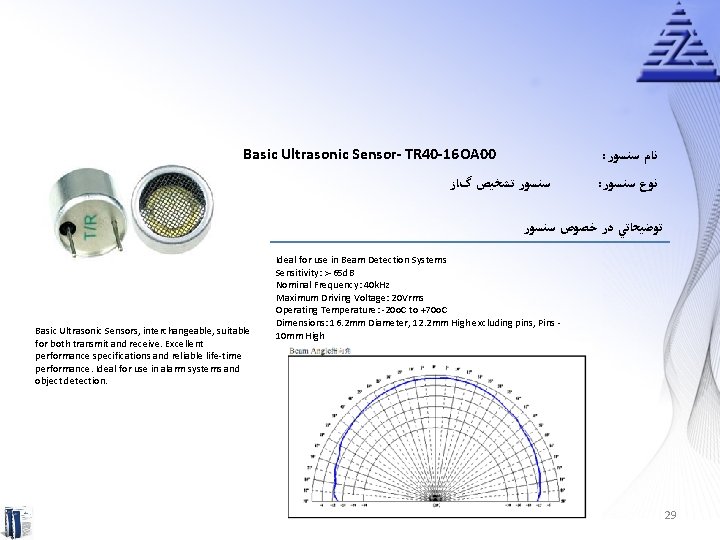 Basic Ultrasonic Sensor- TR 40 -16 OA 00 : ﻧﺎﻡ ﺳﻨﺴﻮﺭ ﺗﺸﺨﻴﺺ گﺎﺯ :