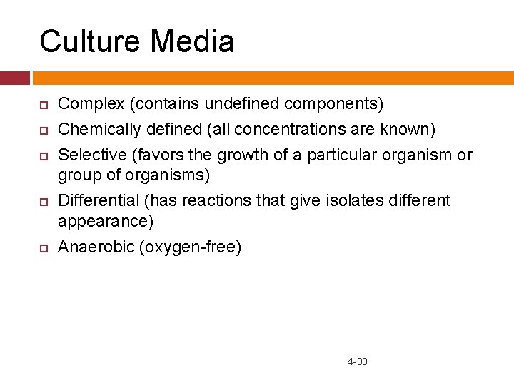 Culture Media Complex (contains undefined components) Chemically defined (all concentrations are known) Selective (favors