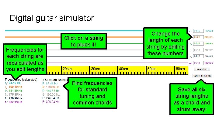 Digital guitar simulator Frequencies for each string are recalculated as you edit lengths Click