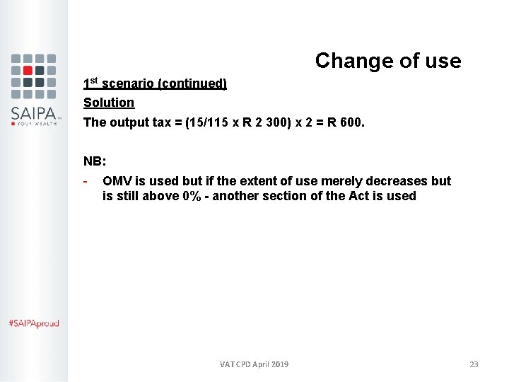 Change of use 1 st scenario (continued) Solution The output tax = (15/115 x