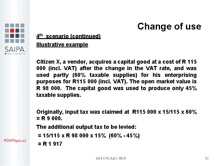 Change of use 4 th scenario (continued) Illustrative example Citizen X, a vendor, acquires