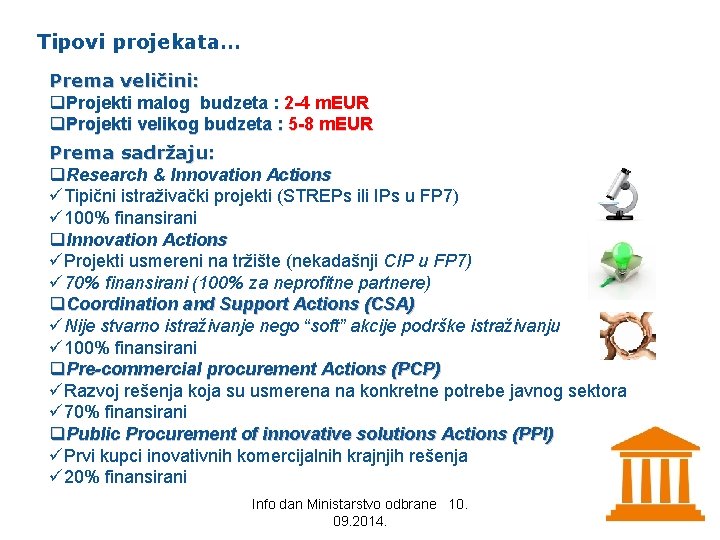 Tipovi projekata… Prema veličini: q. Projekti malog budzeta : 2 -4 m. EUR q.