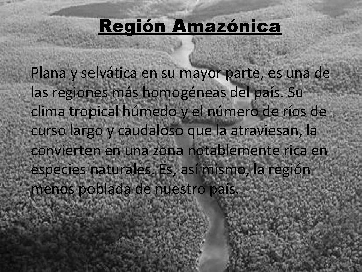 Región Amazónica Plana y selvática en su mayor parte, es una de las regiones