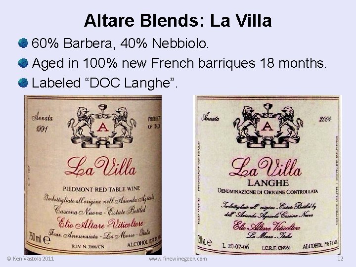 Altare Blends: La Villa 60% Barbera, 40% Nebbiolo. Aged in 100% new French barriques