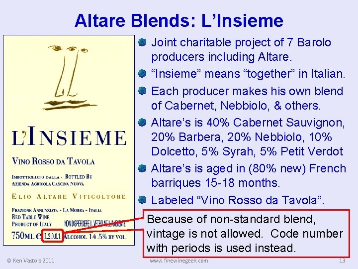 Altare Blends: L’Insieme Joint charitable project of 7 Barolo producers including Altare. “Insieme” means