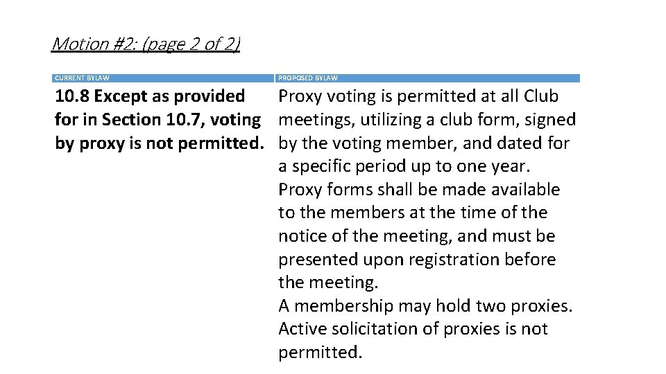 Motion #2: (page 2 of 2) CURRENT BYLAW PROPOSED BYLAW 10. 8 Except as