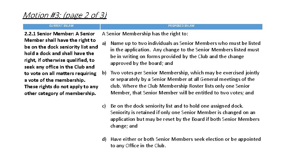 Motion #3: (page 2 of 3) CURRENT BYLAW PROPOSED BYLAW 2. 2. 1 Senior