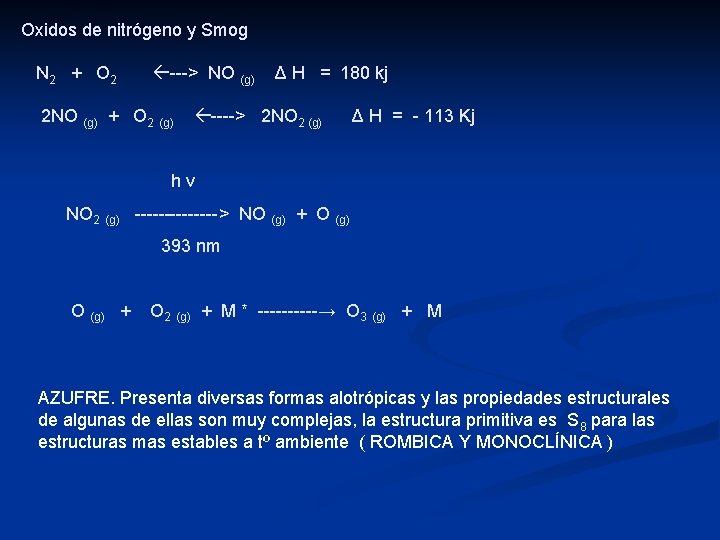 Oxidos de nitrógeno y Smog N 2 + O 2 ---> NO (g) 2