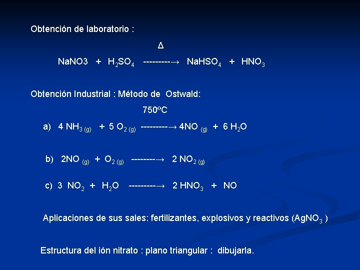 Obtención de laboratorio : Δ Na. NO 3 + H 2 SO 4 -----→