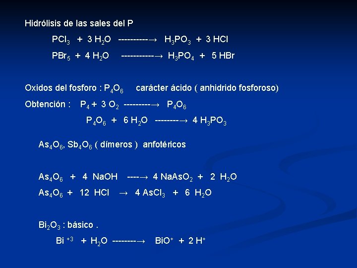 Hidrólisis de las sales del P PCl 3 + 3 H 2 O -----→