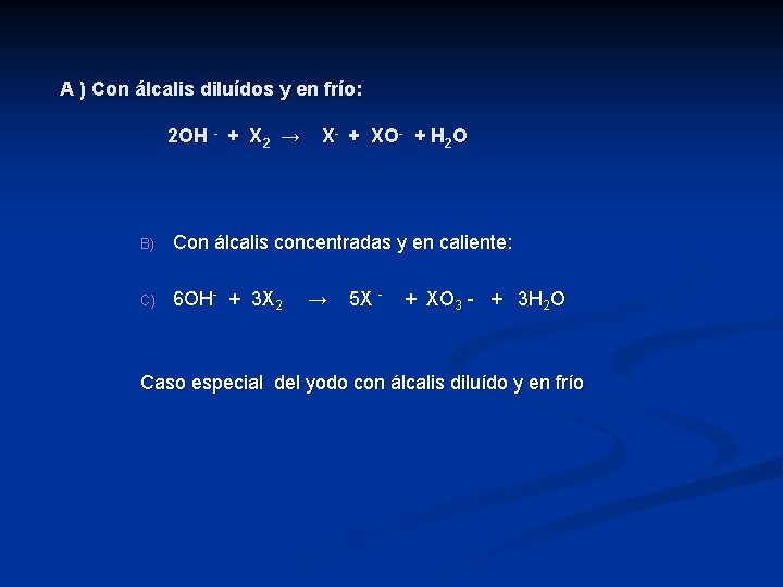 A ) Con álcalis diluídos y en frío: 2 OH - + X 2