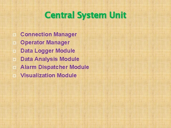 Central System Unit Connection Manager Operator Manager Data Logger Module Data Analysis Module Alarm