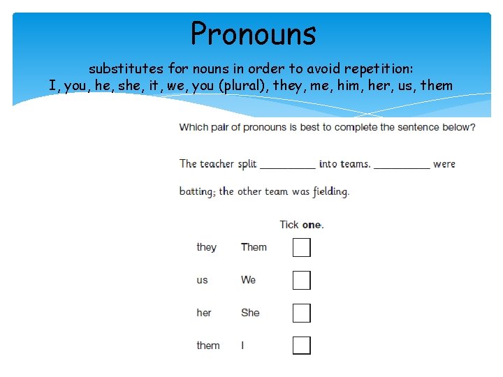 Pronouns substitutes for nouns in order to avoid repetition: I, you, he, she, it,