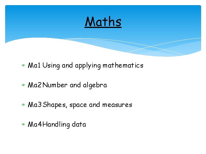 Maths Ma 1 Using and applying mathematics Ma 2 Number and algebra Ma 3